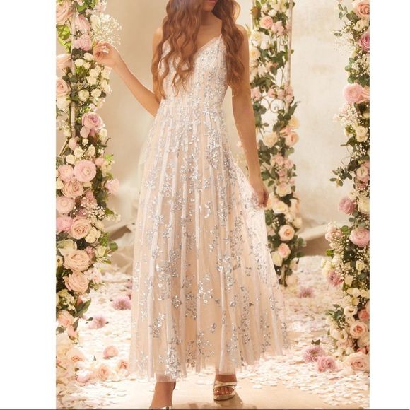 Needle & Thread Dresses & Skirts - needle & thread Champagne/Blue Floral Evermore Sequin Cami Ankle Gown Size 8